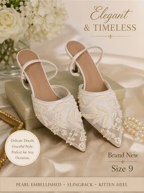 Pearl-Embellished Cream Slingback Kitten Heels
